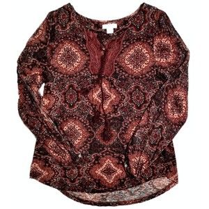 Lucky Brand Long Sleeve Peasant Blouse Womens Medium Tassel Tie Boho